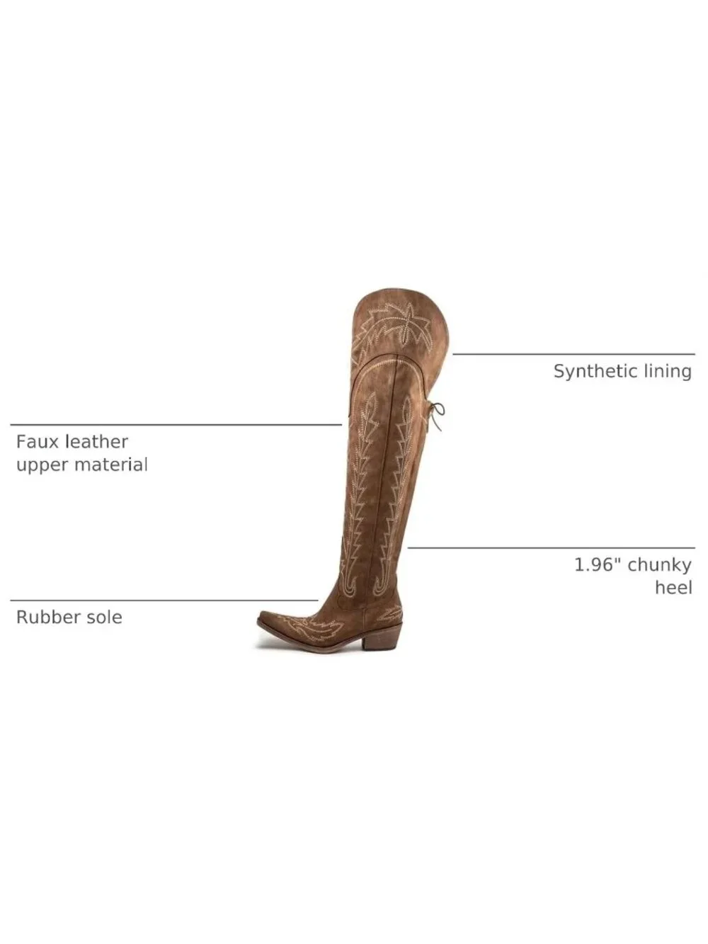Women's Brown Pointed Toe Wide Calf Western Embroidered Over The Knee Boots